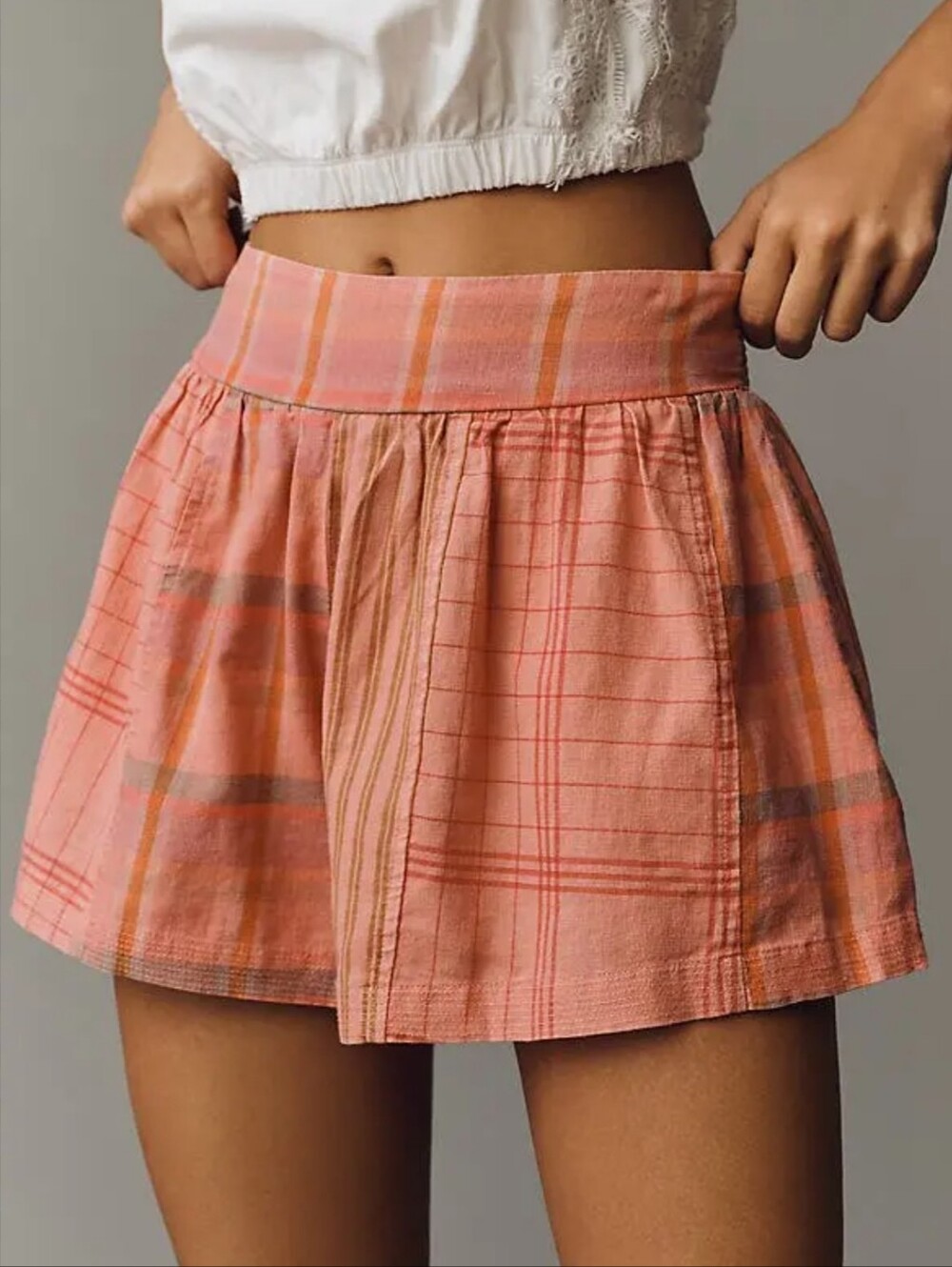 Anthropologie Pull On Linen Blend Shorts Mixed Plaid Pink Stripe
